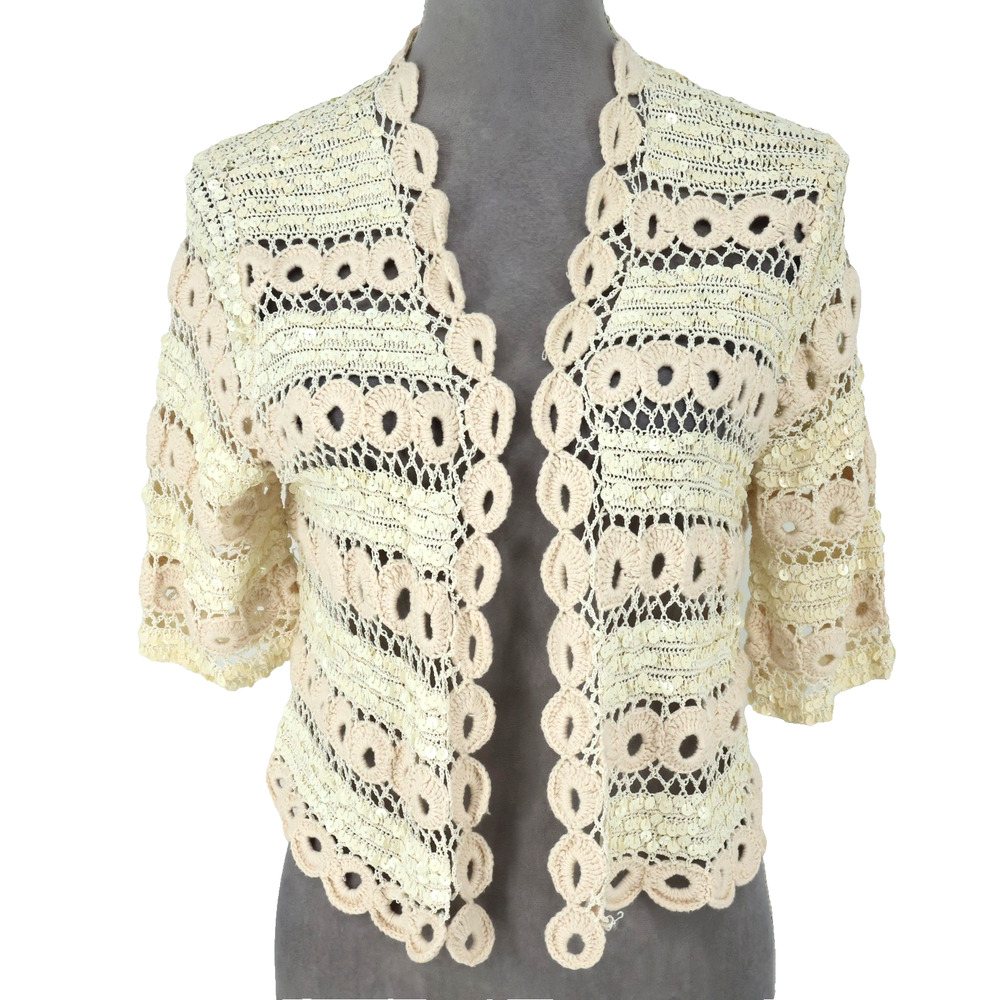 Chicos Sweater 2 Womens Large 12 Beige Ivory Open Knit Cardigan Sequins Lace